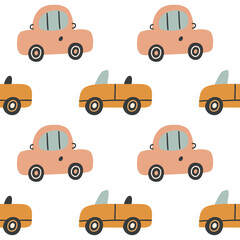 Bohemian baby seamless pattern. Simple childish boho colorful cars for nursery, packaging, poster, textile, print, wallpaper. Cartoon nordic hand drawn illustration isolated on white background.