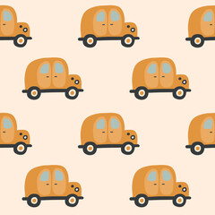 Bohemian baby seamless pattern. Simple childish boho orange cars for nursery, packaging, poster, textile, print, wallpaper. Cartoon nordic hand drawn illustration isolated on beige background.