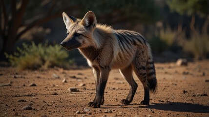 Fototapeta premium African wild dog in a sunlit savanna landscape