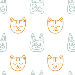 Bohemian baby dog cat seamless pattern. Simple childish boho elements for nursery, packaging, poster, textile, print, wallpaper. Cartoon nordic hand drawn illustration isolated on white background.