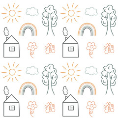 Bohemian baby seamless pattern. Simple childish boho elements for nursery, packaging, poster, textile, print, wallpaper. Cartoon nordic hand drawn illustration isolated on white background.