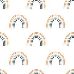 Bohemian baby rainbow seamless pattern. Simple childish boho element for nursery, packaging, poster, textile, print, wallpaper. Cartoon nordic hand drawn illustration isolated on white background.