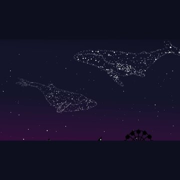 night sky with silhouette city and whales made of stars