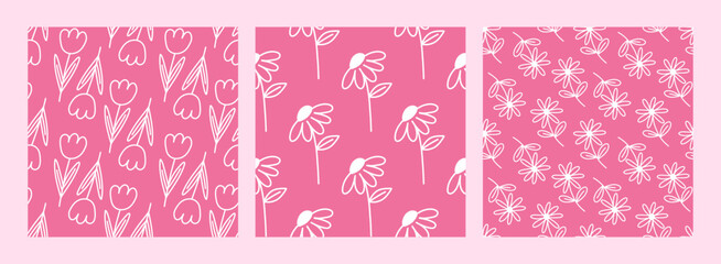 Trendy floral seamless pattern set. Simple girly daisy, tulip, rose. Spring white outline flower for packaging, postcard, textile print, wallpaper. Hand drawn illustration isolated on pink background.