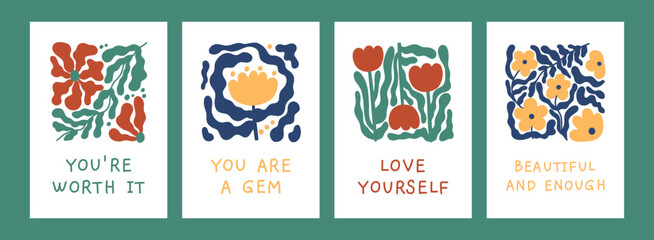 Abstract flower card for womens day set. Floral doodle shape in trendy wavy naive style. Self love concept. Retro poster, print, banner, template. Hand drawn illustration isolated on white background.