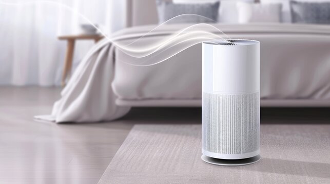 Commercial air purification technology removes volatile organic compounds from indoor spaces. Defined filtration components with clear air stream representation.