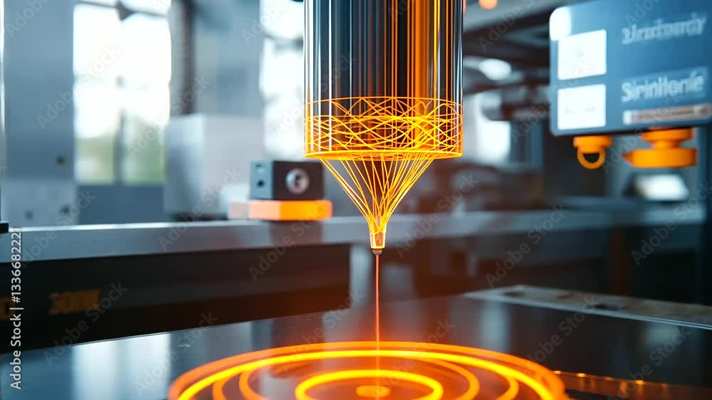 Poster a translucent, glowing filament being extruded by a d printer, creating an intricate design in a cle