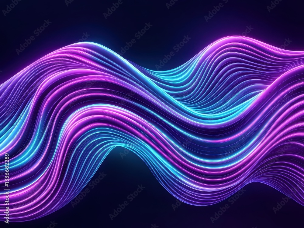 Poster vibrant flowing waves of neon light in a dark background, creating a dynamic visual