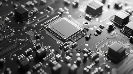 A detailed close-up of a microchip embedded in a black circuit board filled with various electronic components and connections, illuminated softly to highlight textures