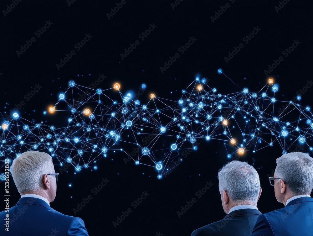 Poster three professionals observing a digital network visualization in a dark setting
