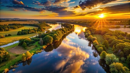 Obraz premium Golden hour drone captures a breathtaking aerial sunset over a scenic river vista.