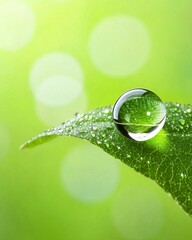 Macro close-up of a fresh green leaf with clear water droplets reflecting the morning dew and natural environment