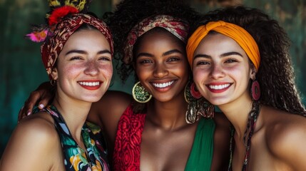 Fototapeta premium Headshot of group of cheerful diverse women in casual clothes smiling broadly against bright background 