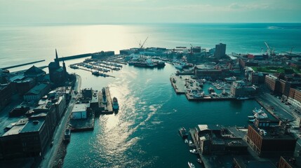 Fototapeta premium Exploring the harbor aerial view of city boats and piers urban environment gigapixel quality