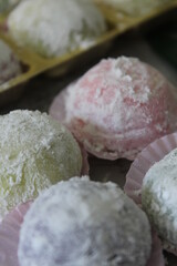 Japanese rice cake named mochi with colorful color on super zoom texture