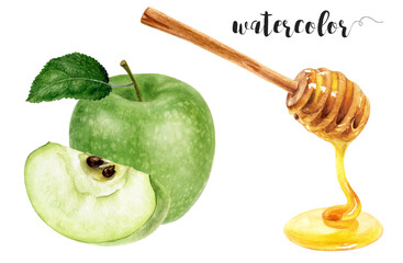Hand-Painted Watercolor Green Apple and Honey Drizzle Botanical Illustration Isolated on White