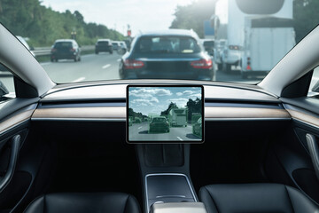 Self driving car on a road. Autonomous vehicle. Inside view