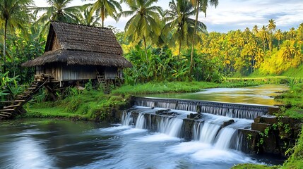 Fototapeta premium Tranquil rural scene with a thatched-roof house, flowing water, and lush greenery