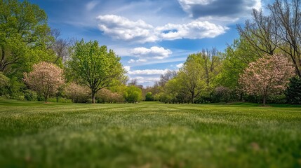 Obraz premium Serene park landscape with lush green grass and blooming trees under a bright blue sky with fluffy clouds
