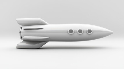 Obraz premium A streamlined white rocket model rests against a simple background, highlighting its aerodynamic shape and distinct features. The polished surface reflects light, enhancing its modern aesthetic