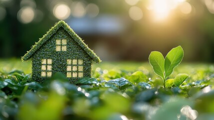 Miniature house crafted from grass symbolizes sustainable living, nestled among vibrant green leaves. The warm glow of sunset adds a serene atmosphere