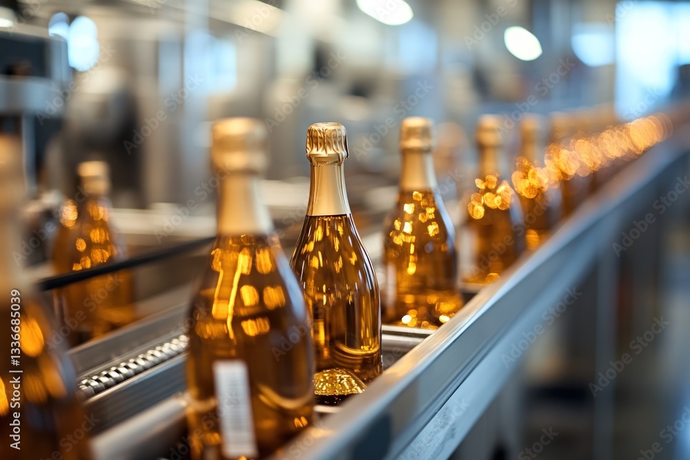 Poster sparkling wine bottles on an automated production line