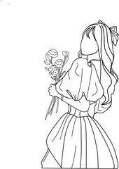Beautiful woman line design holding simple flower in flat style.
