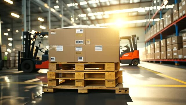A dynamic shot of a forklift transporting a pallet of boxes, with efficient workflow in the background.