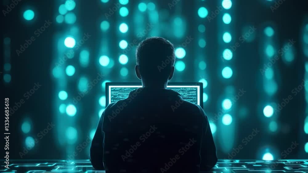 Poster individual immersed in digital data, focused on computer screen, surrounded by technology and glowin