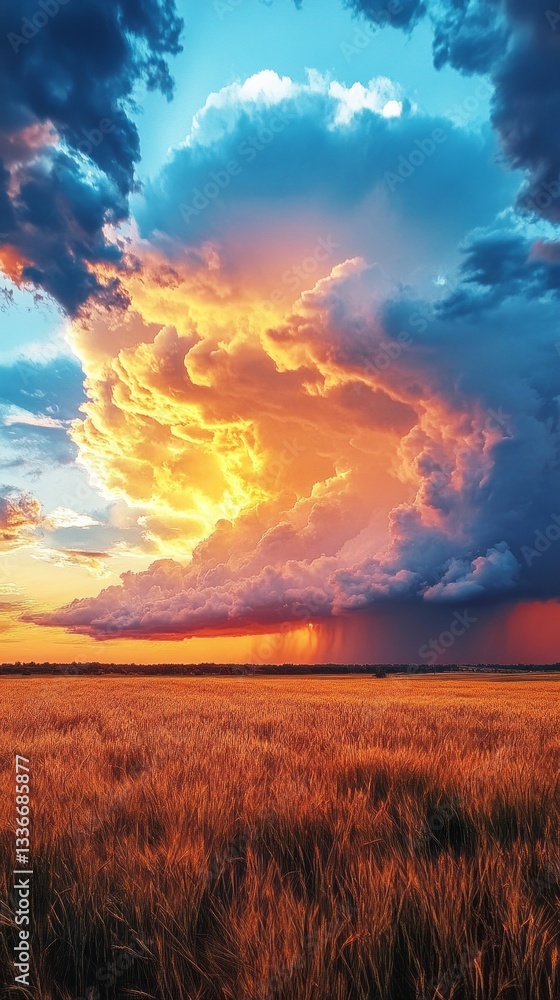 Poster an impressive display of stormy clouds fills the sky, with vibrant colors radiating as the sun sets.