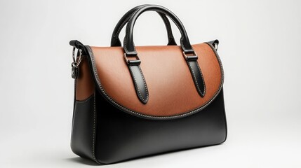 Fototapeta premium Elegant leather handbag showcasing a stylish design with contrasting colors against a minimalist background