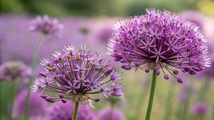 Fototapeta premium Allium Bloom: A close-up showcases the intricate beauty of vibrant allium flowers in full bloom, with a dreamy bokeh effect in the background, creating a captivating and tranquil scene.