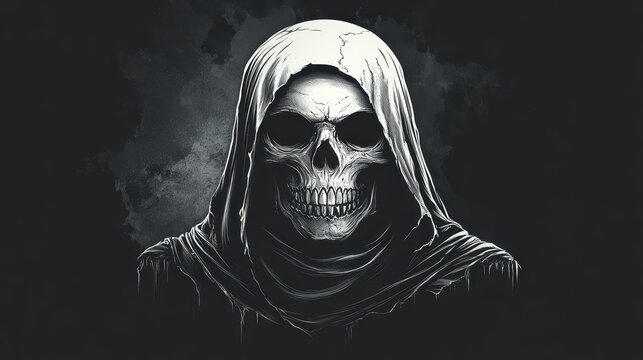 A hooded figure stands in darkness, revealing a striking skull, embodying themes of mortality and mystery. Shadows create an ominous atmosphere surrounding the character
