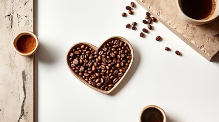 A heart-shaped bowl filled with roasted coffee beans, surrounded by cups and rustic textures, creating a cozy and warm coffee-themed composition. Generative AI.