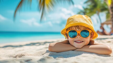 Happy Child Enjoying a Sunny Day at the Beach with Palm Trees