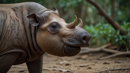 Fototapeta premium Close-up of a critically endangered rhino. Dense forest backdrop