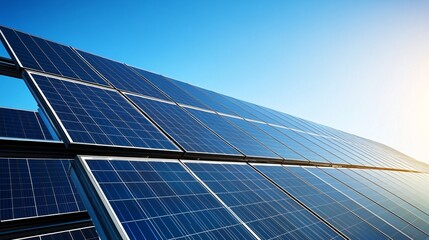 Obraz premium Expansive Solar Power Plant Featuring Hundreds of Symmetrically Aligned Solar Panels Under Clear Blue Sky