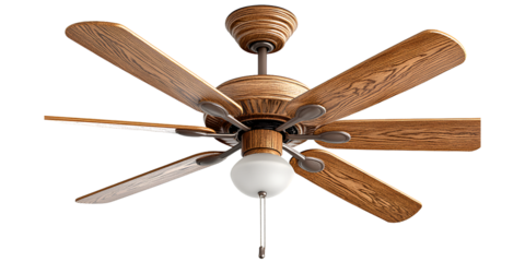  A ceiling fan with wooden blades, transparent background, PNG