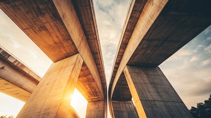 Obraz premium Low-Angle Close-Up of Symmetrical Concrete Support Pillars Under a Modern Bridge Reaching Towards the Sky