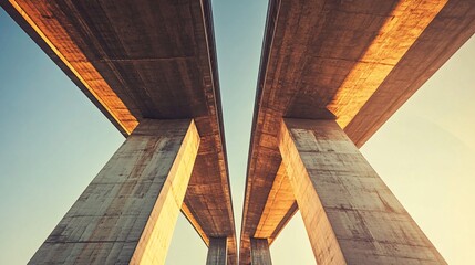 Low-Angle Close-Up of Symmetrical Concrete Support Pillars of a Modern Bridge Against a Clear Sky