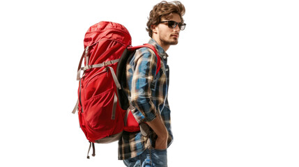 Tourist walking with red backpack on transparent background