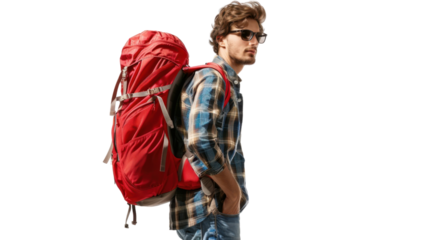 Tourist walking with red backpack on transparent background