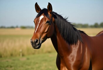 Obraz premium A stunning brown horse gazes thoughtfully at the viewer, bathed in golden rays of sunlight. Its sleek coat shines brightly, complemented by a lush green field and clear blue sky Generative AI
