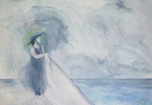 ON THE JETTY, marine watercolor 24x36 on Arches paper of a woman in a dark, light and transparent dress and blue hat scanning the sea and coast with a white scarf in her hand under a shady, cloudy sky