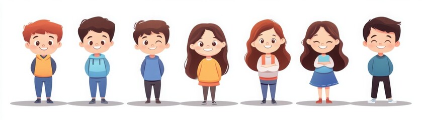 Obraz premium A colorful illustration of seven diverse cartoon children standing in a row, each showcasing different hairstyles and outfits.