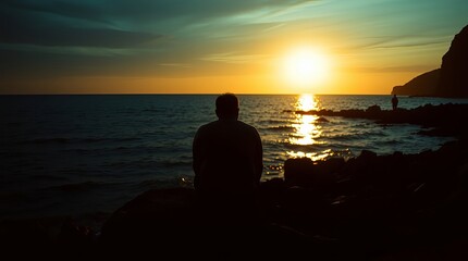 Silhouette of a man enjoying a sunset by the sea.
