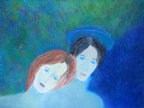 THE LOVERSS, dry pastel on coated cardboard: against an impressionist blue-green background, a young, very pale romantic couple with blue eyes face us, emanating love, serenity and also melancholy 