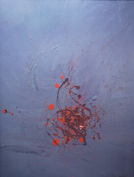 HAPPINESS, oil painting on primed cardboard : on a grey-blue background, vivid abstract color projections express an explosion, a paroxysm, the joy of a strong moment over dullness and greyness.