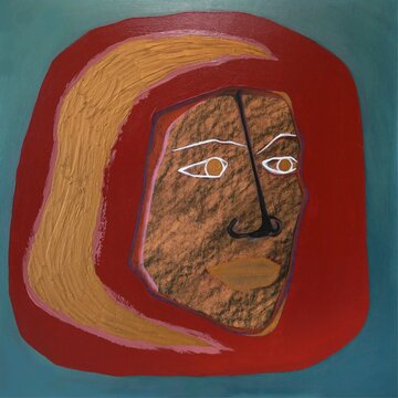 PHARAOH, oil and acrylic paint with white chalk and charcoal on primed cardboard: on a plain blue-green background, a majestic head of an ancient Egyptian pharaoh, god-king, half-divine, half-human