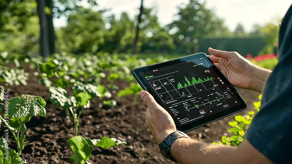 Poster a digital interface on a tablet showing real-time farm data